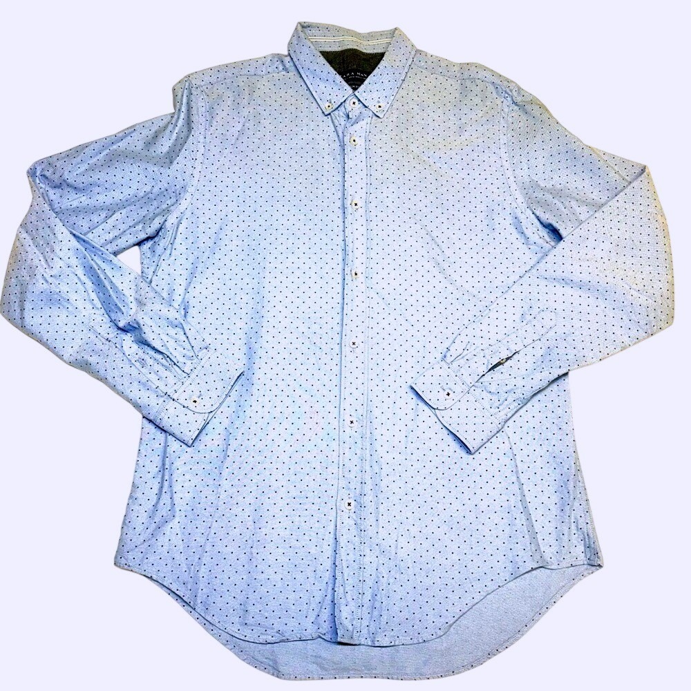 Zara Man Slim Fit Blue Polka Dot Button Down Oxford‎ Shirt Mens Large